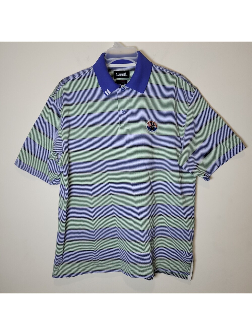 Ashworth Men's L EZ-TECH Striped Golf Polo Shirt Blue Green Black Short Sleeve